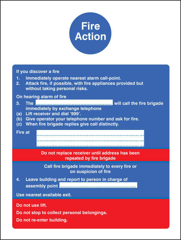 Fire Action Sign with Lift Instructions