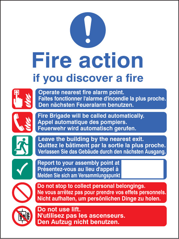 Multi-Lingual Fire Action Notice with Lift Instructions