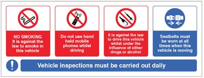 Vehicle Sticker - No Smoking, Mobile Phone, Drink/Drugs - Wear Seatbelt S/A Vinyl 75x200mm