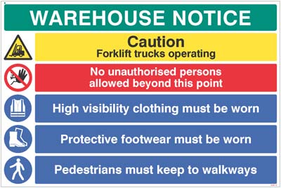Warehouse Safety Caution: Forklift Trucks, Hi-Vis, Boots Must Be Worn - R/P 900x600mm