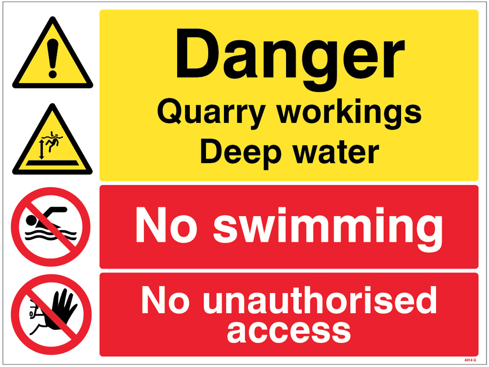 Danger: Quarry Workings, Deep Water - No Swimming, Keep Out (R/P 600x450mm)