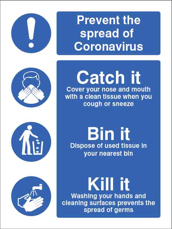 Prevent the Spread of Coronavirus: Catch It, Cover Your Nose and Mouth (Pack of 5: 200x150mm SAV Labels)