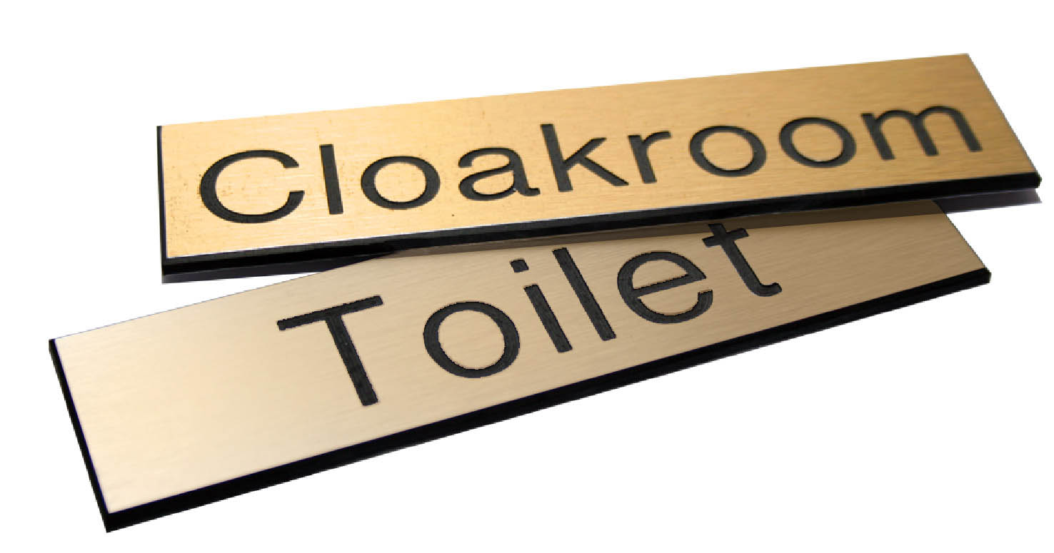 Engraved Sign with Adhesive Backing - 140x35mm, Black Text on Brass Effect