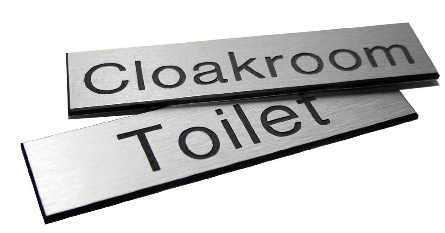 Engraved Sign with Adhesive Backing - 35x70mm, Black Text on Aluminium Effect