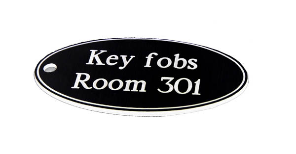 50x100mm Oval Key Fob - White Text on Black