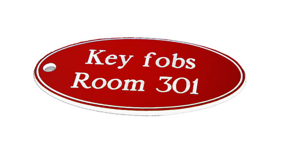 50x100mm Oval Key Fob - White Text on Red