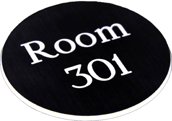 Engraved Sign with Adhesive Backing - 95mm Diameter, White Text on Black