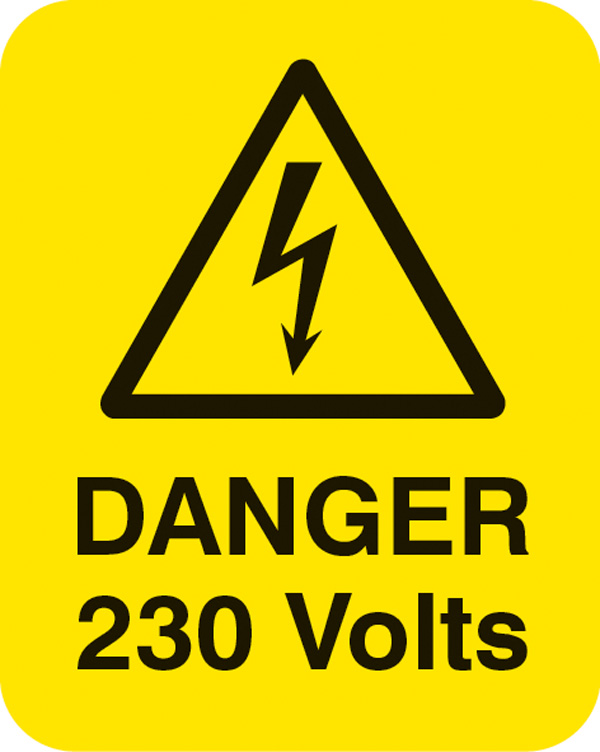 Danger 230 Volts - Sheet of 25 Labels (40x50mm)