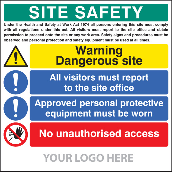 Site Safety Board - Dangerous Site Visitor Information & PPE Access Sign (1220x1220mm)