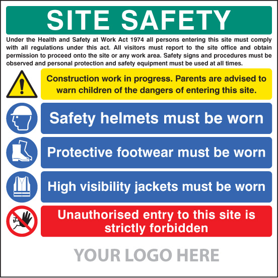 Site Safety Board - Helmets, Footwear, Hi-Vis, Unauthorised Entry Sign 1220x1220mm