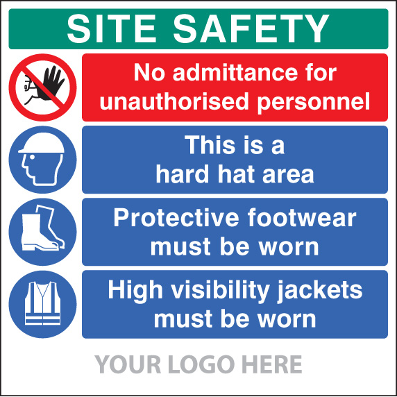 Site Safety Board - No Admittance, Hard Hat, Footwear, Hi-Vis, Site Saver Sign 1220x1220mm