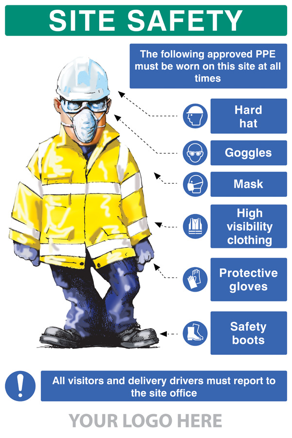PPE Requirement Sign (Hat, Goggles, Mask, Hi-Vis, Gloves, Boots)