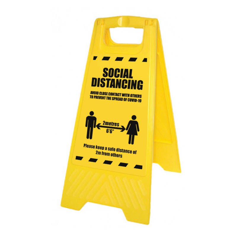 Warning: Coronavirus - Please Wait Here (Yellow Free-Standing Floor Sign)