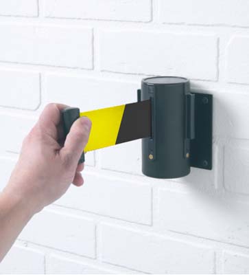 Wall-Mounted Retractable Barrier with 3m Black/Yellow Webbing - 50mm Wide with Wall Clip