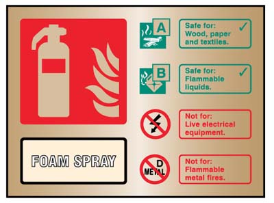 Foam Spray Extinguisher ID Sign - Brass Effect, 150x200mm, Adhesive Backed