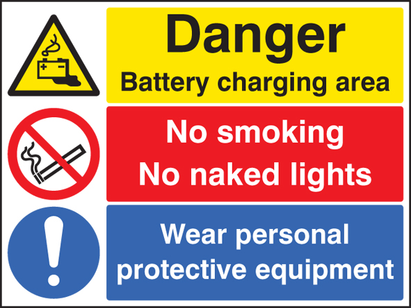 Battery Charging Area - Wear PPE, No Smoking, No Naked Lights